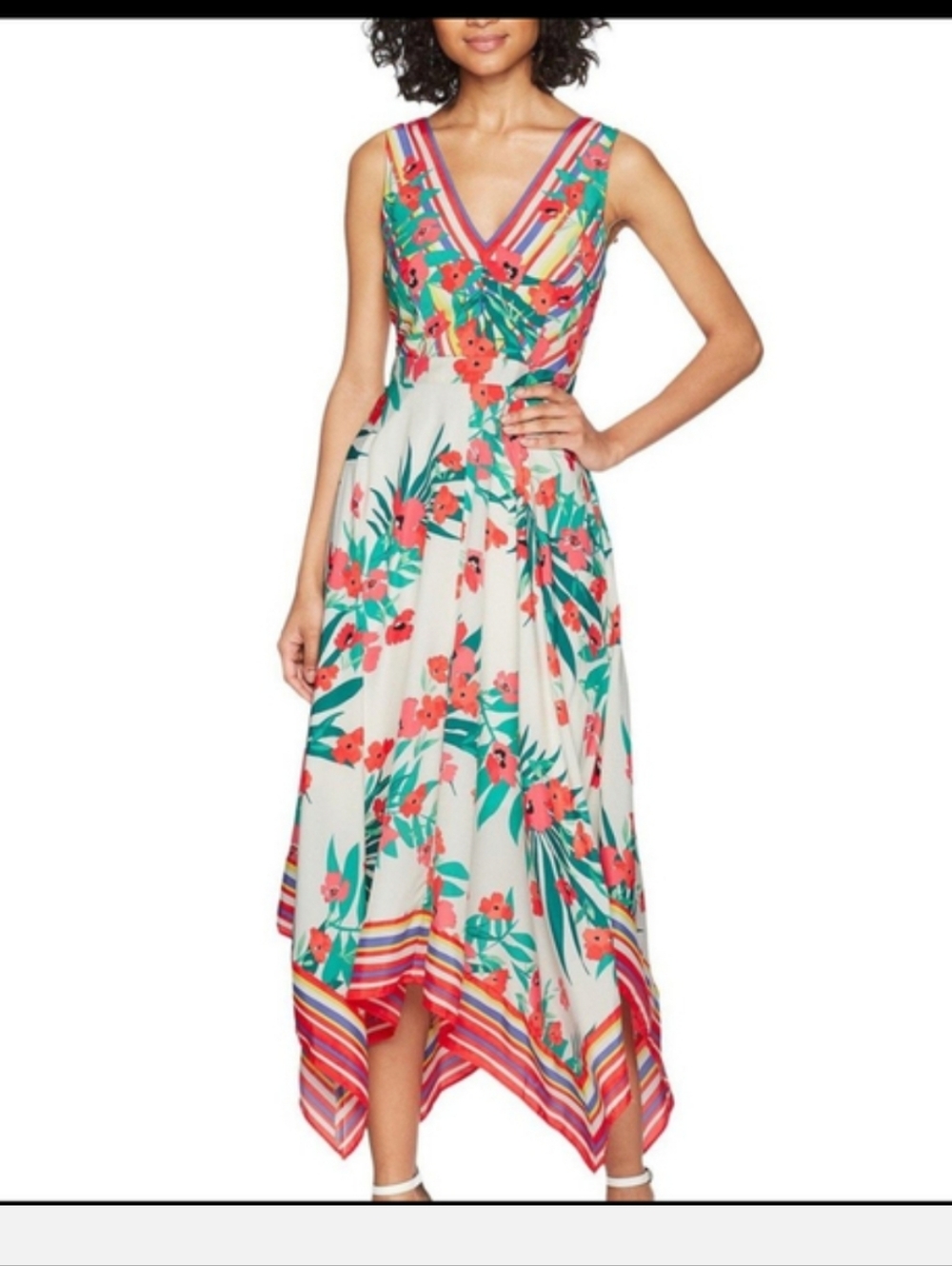 Vince Camuto Floral V‑Neck Handkerchief Hem Maxi Dress in Ivory and Coral